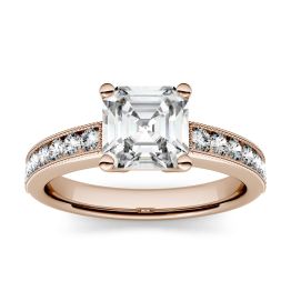1.61 CTW DEW Asscher Forever One Moissanite Solitaire with Milgrain Side Accents Engagement Ring 14K Rose Gold