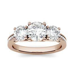 1.10 CTW DEW Round Forever One Moissanite Three Stone with Side Accents Ring 14K Rose Gold