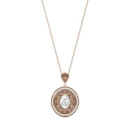 1.70 CTW DEW Oval Forever One Moissanite Oval with Scroll Detail Necklace 14K Rose Gold