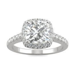 2.40 CTW DEW Cushion Forever One Moissanite Halo with Side Accents Engagement Ring 14K White Gold