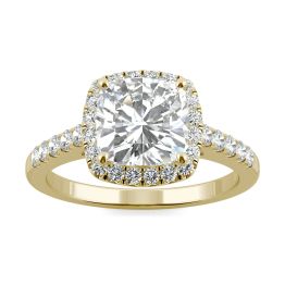 2.40 CTW DEW Cushion Forever One Moissanite Halo with Side Accents Engagement Ring 14K Yellow Gold