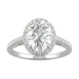 2.39 CTW DEW Oval Forever One Moissanite Halo with Side Accents Engagement Ring 14K White Gold