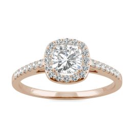 0.84 CTW DEW Cushion Forever One Moissanite Halo with Side Accents Engagement Ring 14K Rose Gold