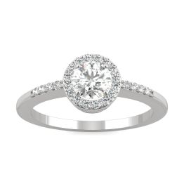 0.69 CTW DEW Round Forever One Moissanite Halo with Side Accents Engagement Ring 14K White Gold