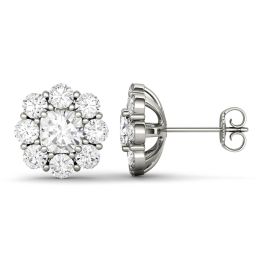 3.20 CTW DEW Cushion Forever One Moissanite Halo Floral Stud Earrings 14K White Gold
