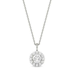 0.96 CTW DEW Round Forever One Moissanite Halo Pendant Necklace 14K White Gold
