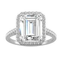 3.89 CTW DEW Emerald Forever One Moissanite Halo with Side Accents Engagement Ring 14K White Gold