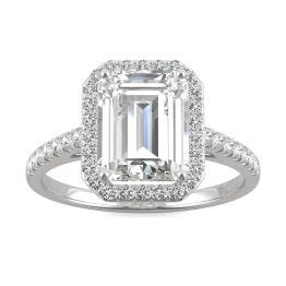 2.84 CTW DEW Emerald Forever One Moissanite Halo with Side Accents Engagement Ring 14K White Gold