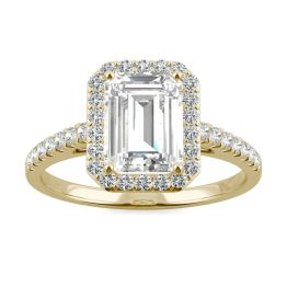 2.04 CTW DEW Emerald Forever One Moissanite Halo with Side Accents Engagement Ring 14K Yellow Gold