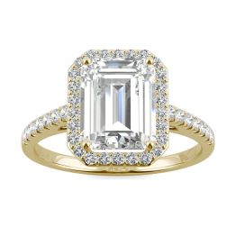 2.84 CTW DEW Emerald Forever One Moissanite Halo with Side Accents Engagement Ring 14K Yellow Gold