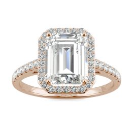 2.84 CTW DEW Emerald Forever One Moissanite Halo with Side Accents Engagement Ring 14K Rose Gold