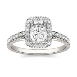 1.47 CTW DEW Radiant Forever One Moissanite Halo with Side Stones Engagement Ring 14K White Gold