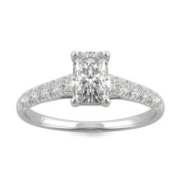 1.42 CTW DEW Radiant Forever One Moissanite Solitaire with Side Accents Engagement Ring 14K White Gold