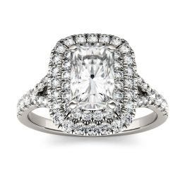 1.17 CTW DEW Radiant Forever One Moissanite Double Halo with Side Accents Engagement Ring 14K White Gold