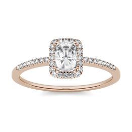 0.81 CTW DEW Radiant Forever One Moissanite Halo with Side Accents Engagement Ring 14K Rose Gold