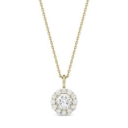 0.96 CTW DEW Round Forever One Moissanite Halo Necklace 14K Yellow Gold