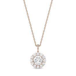 0.96 CTW DEW Round Forever One Moissanite Halo Necklace 14K Rose Gold