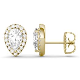 2.22 CTW DEW Pear Forever One Moissanite Halo Stud Earrings 14K Yellow Gold