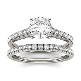 1.61 CTW DEW Round Forever One Moissanite Solitaire with Side Accents Bridal Set Ring 14K White Gold, SIZE 9.0
