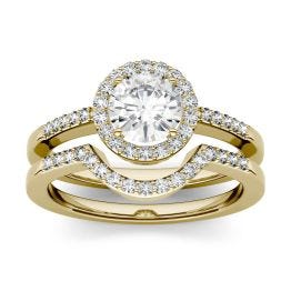 1.15 CTW DEW Round Forever One Moissanite Halo with Side Stone Bridal Set Ring 14K Yellow Gold
