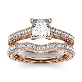 1.51 CTW DEW Square Forever One Moissanite Solitaire with Carved Detail Bridal Set Ring 14K Rose Gold