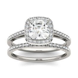 1.46 CTW DEW Cushion Forever One Moissanite Halo with Side Stone Bridal Set Ring 14K White Gold