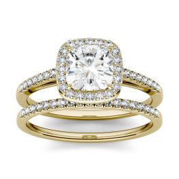 1.46 CTW DEW Cushion Forever One Moissanite Halo with Side Stone Bridal Set Ring 14K Yellow Gold