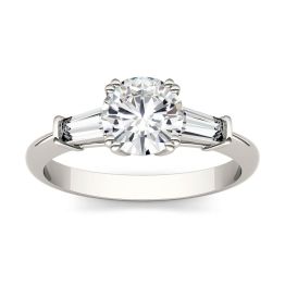 1.41 CTW DEW Round Forever One Moissanite Step Cut Baguette Side Accent Three Stone Engagement Ring 14K White Gold