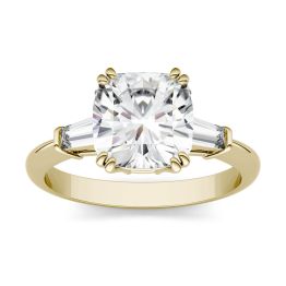2.77 CTW DEW Cushion Forever One Moissanite Three Stone Engagement Ring 14K Yellow Gold