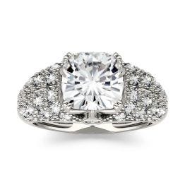 3.30 CTW DEW Cushion Forever One Moissanite Milgrain Solitaire with Side Accents Fashion Ring 14K White Gold
