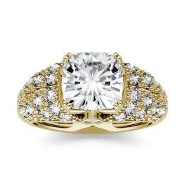 3.30 CTW DEW Cushion Forever One Moissanite Milgrain Solitaire with Side Accents Fashion Ring 14K Yellow Gold
