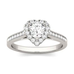 1.15 CTW DEW Heart Forever One Moissanite Halo Engagement with Side Accents Ring 14K White Gold