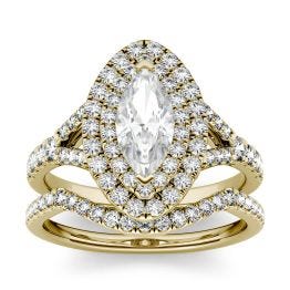1.87 CTW DEW Marquise Forever One Moissanite Split Shank Double Halo Bridal Ring 14K Yellow Gold
