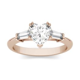 1.37 CTW DEW Heart Forever One Moissanite Step Cut Baguette Side Accent Three Stone Engagement Ring 14K Rose Gold