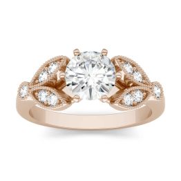 1.20 CTW DEW Round Forever One Moissanite Leaf & Milgrain Accented Six Prong Solitaire Ring 14K Rose Gold