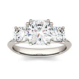 3.00 CTW DEW Cushion Forever One Moissanite Three Stone Engagement Ring 14K White Gold