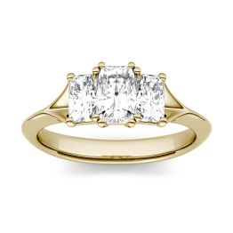 1.36 CTW DEW Radiant Forever One Moissanite Three Stone Engagement Ring 14K Yellow Gold