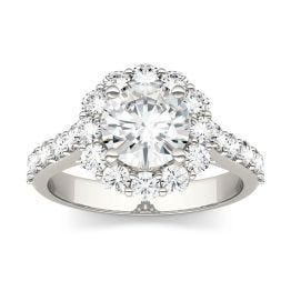 2.60 CTW DEW Round Forever One Moissanite Halo with Side Accents Engagement Ring 14K White Gold