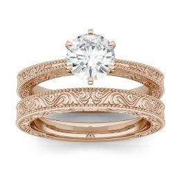 1.00 CTW DEW Round Forever One Moissanite Tapered Six Prong Carved Solitaire Bridal Set Ring 14K Two-Tone White & Rose Gold
