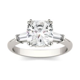 2.65 CTW DEW Cushion Forever One Moissanite Three Stone Engagement Ring Platinum