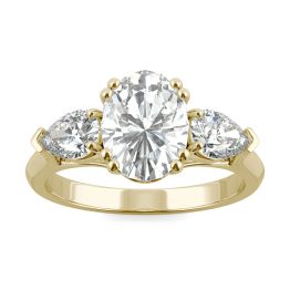 2.96 CTW DEW Oval Forever One Moissanite Pear Three Stone Engagement Ring 14K Yellow Gold