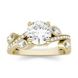 2.05 CTW DEW Round Forever One Moissanite Solitaire Engagement with Leaf Side Accents Ring 14K Yellow Gold