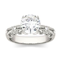 1.54 CTW DEW Round Forever One Moissanite Filigree Solitaire with Side Accents Ring 14K White Gold
