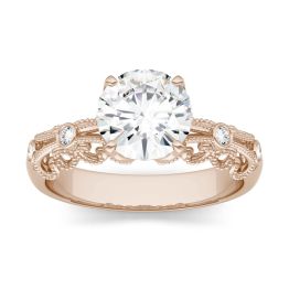 1.54 CTW DEW Round Forever One Moissanite Filigree Solitaire with Side Accents Ring 14K Rose Gold