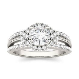 1.35 CTW DEW Round Forever One Moissanite Abstract Halo Engagement Ring 14K White Gold