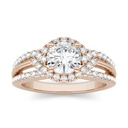 1.35 CTW DEW Round Forever One Moissanite Abstract Halo Engagement Ring 14K Rose Gold