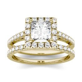1.72 CTW DEW Square Forever One Moissanite Halo Bridal Set Ring 14K Yellow Gold