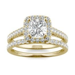 1.86 CTW DEW Cushion Forever One Moissanite Halo Bridal Set Ring 14K Yellow Gold