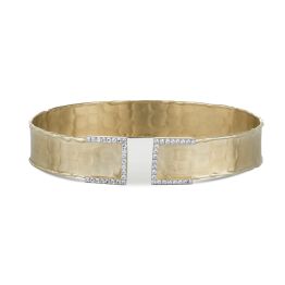 0.37 CTW DEW Round Forever One Moissanite Hammered Cuff with Accented Edges Bracelet 14K Yellow Gold