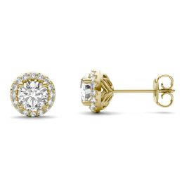 1.18 CTW DEW Round Forever One Moissanite Halo Earrings 14K Yellow Gold